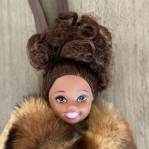 Barbie bag charm , key chain  with  soft faux fur coat , purse